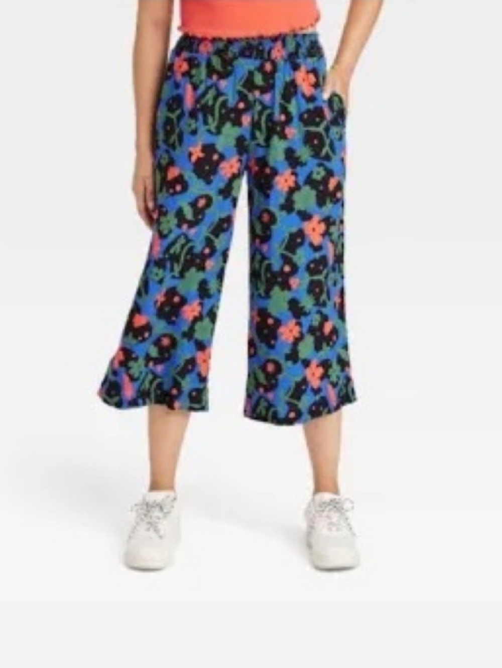 Floral Wide-Leg Pants Poppy Medium Womens New Blue Green Full Length 32